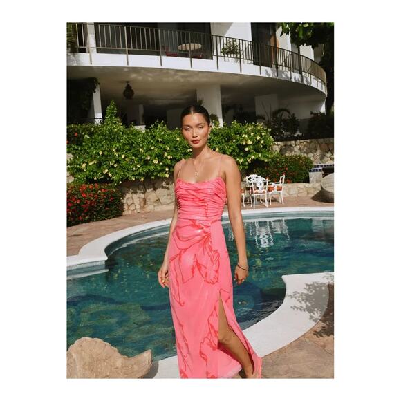 Hutch Dresses & Skirts - Hutch Pink Sequin Floral Ruched Maxi Dress Size 12 Side Slit Wedding Guest